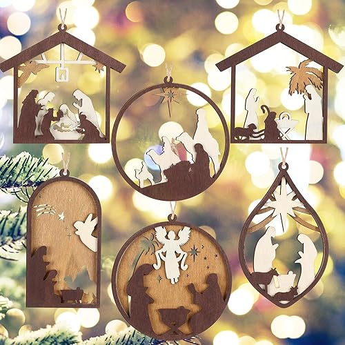 Miniatura 12 de Bucherry 6 Piezas Adornos de Escena de Natividad Navideña de Madera al Por Mayor, Adornos Cristianos Religiosos de Jesús 2025 para Árbol de Navidad