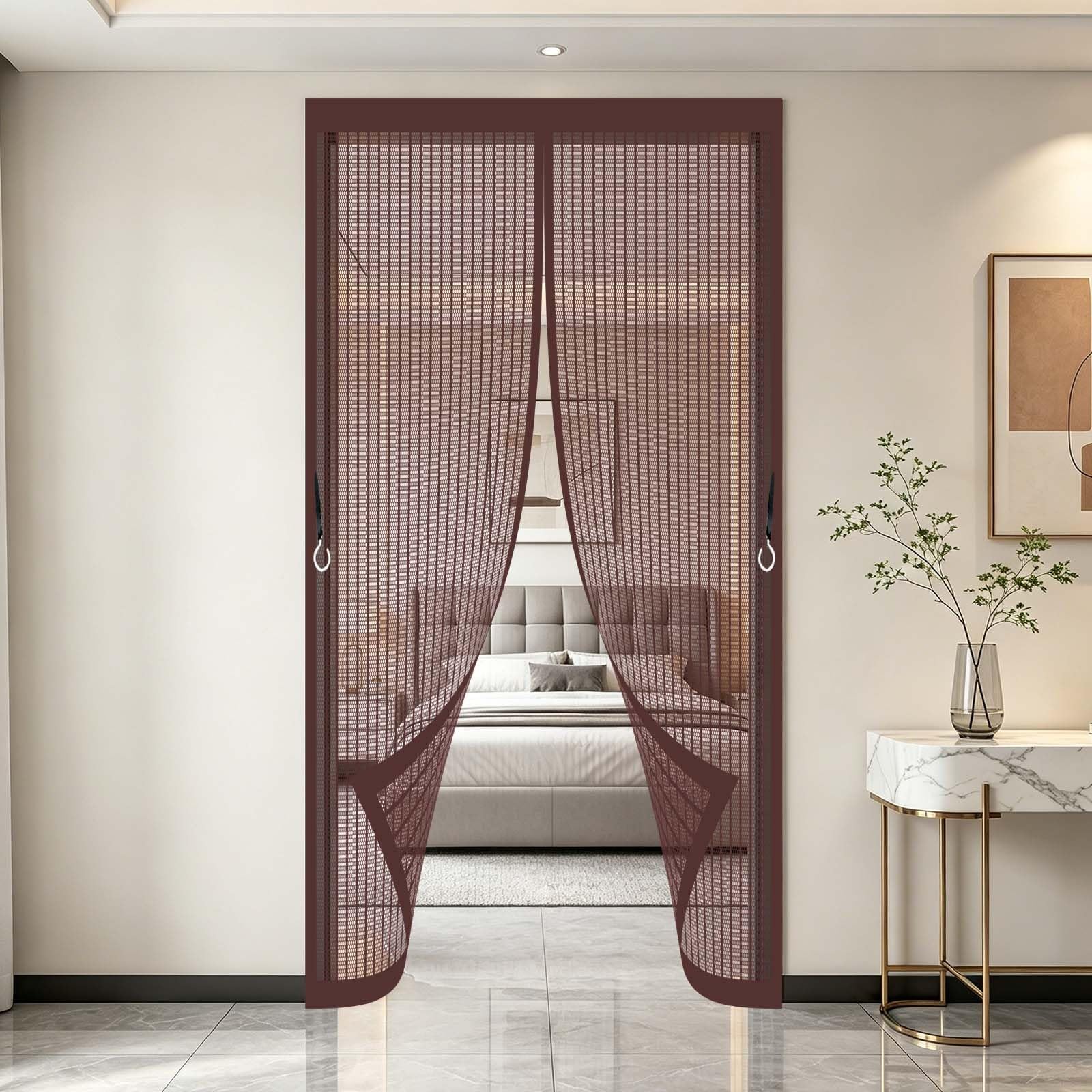 Fly Screens for Doors 146 x 226 cm Full Frame Magic Tape, Magnet Silent Closure, No Punching Door Fly Screen Curtain with Magnetic Mesh Mosquito Net for Front Back Door, Brown