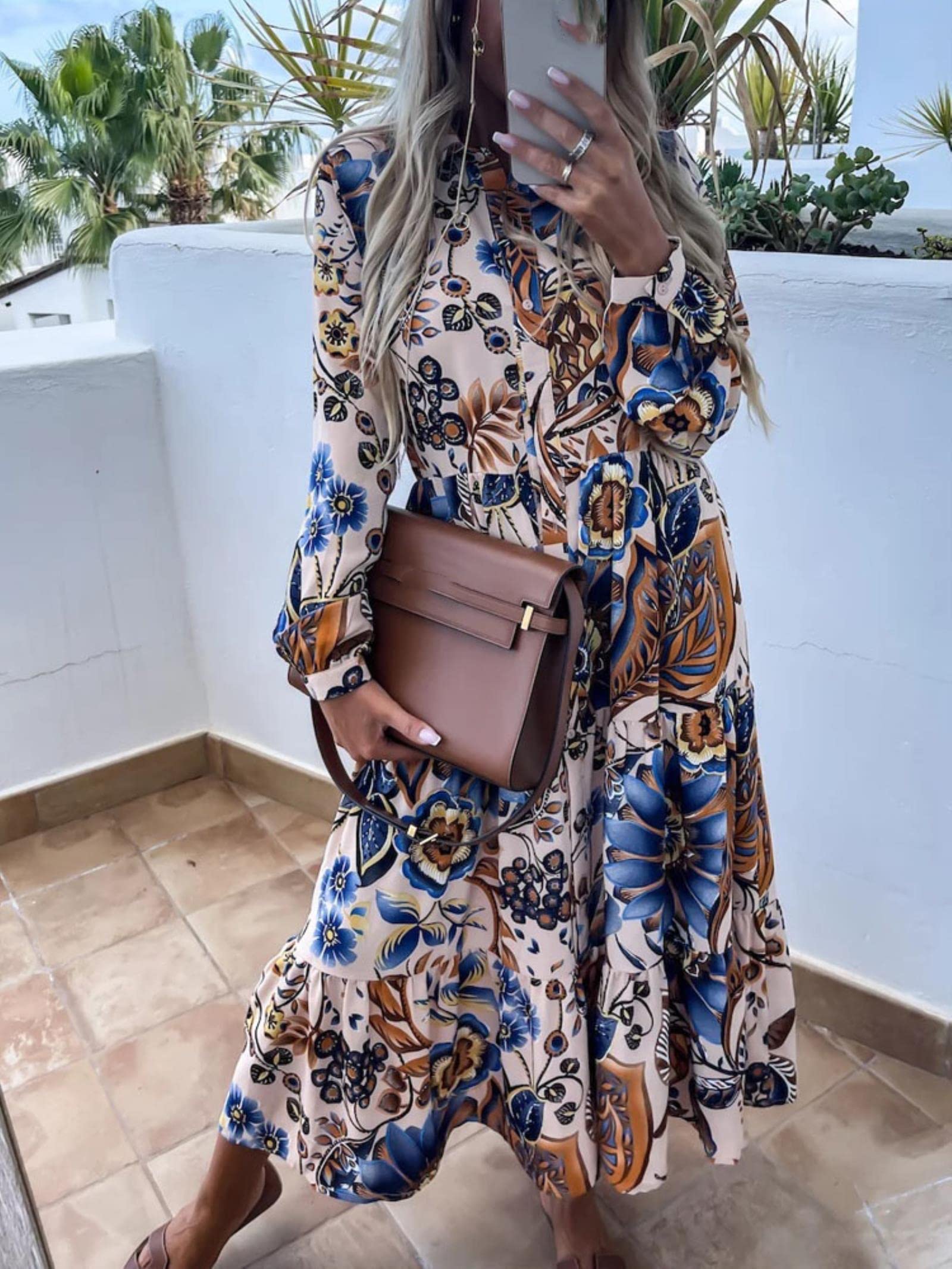 SUYGGCK Letnie sukienki dla kobiet moda wywijany kołnierz guziki długa sukienka eleganckie koszule z nadrukiem kwiatowym sukienka wiosna lato na co dzień luźna sukienka z długim rękawem - 01 biała, XL