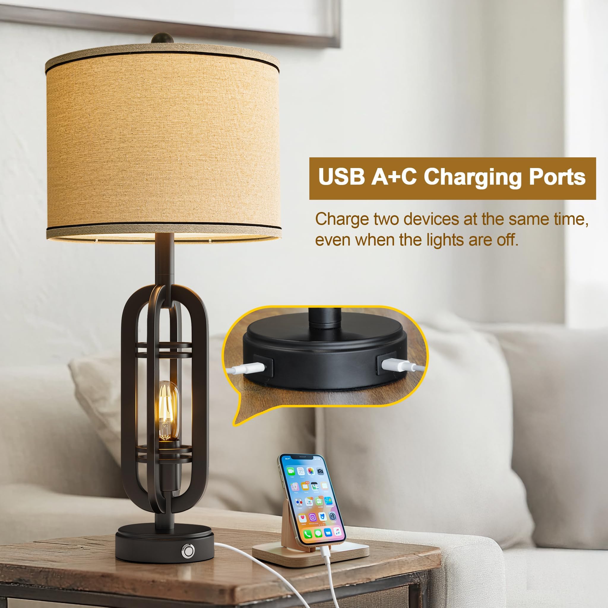 G-SAFAVA 23.75" Retro Farmhouse Black Table Lamp for Living Room Bedroom Nightstand Set of 2 Touch Control Bedside Nightlight Vintage Modern Lamp with USB C+A Ports and 2 Light Sources