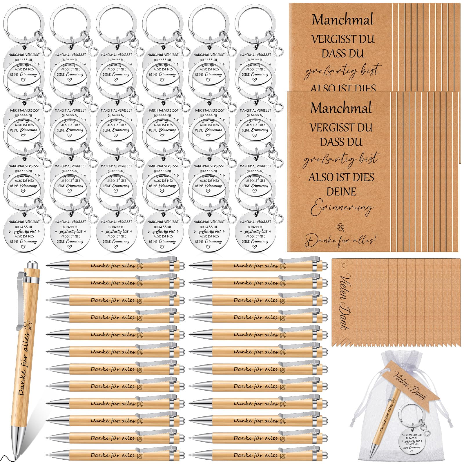 Jadive 24 Set Regali di Ringraziamento per i Colleghi Mini Quaderno Penna Danke für Alles Portachiavi Ispiratori Etichette Regalo e Sacchetti di Organza Regalo di Addio per i Dipendenti
