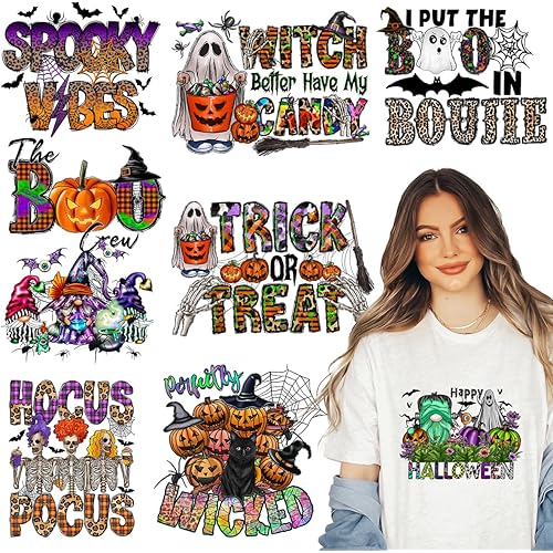 Kaciola Halloween DTF Transfers Ready to Press, 9 Sheets Spooky Ghost Iron on Transfers Washable Stickers Iron on Decals for T Shirts Hoodie DIY Crafts