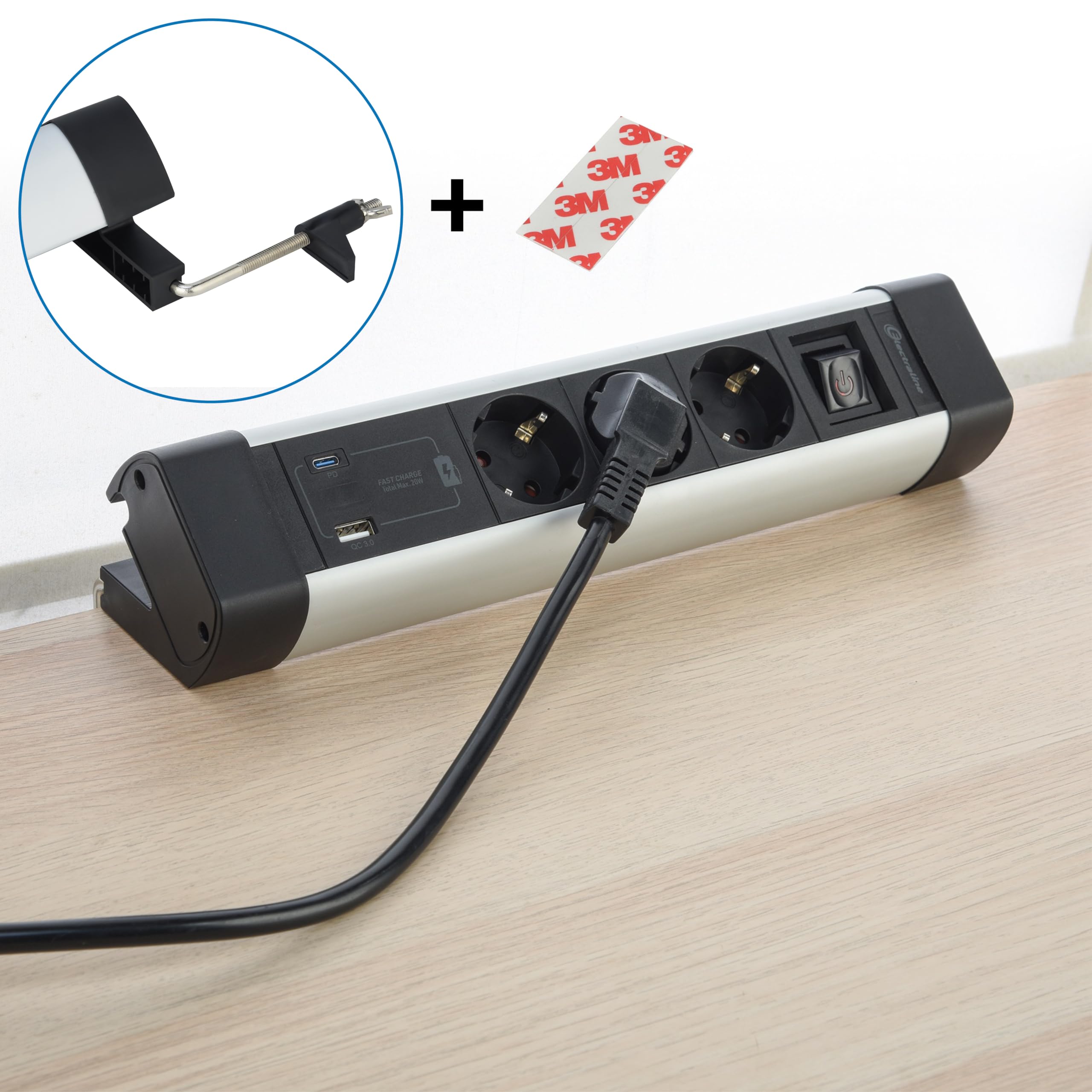 Electraline 62581 Ciabatta elettrica in alluminio per scrivania 3 prese + 3 USB (2 USB A 3.0A QC + 1 USB C PD20W), cavo da 2 m, protezione da sovratensione, multipresa/presa da tavolo