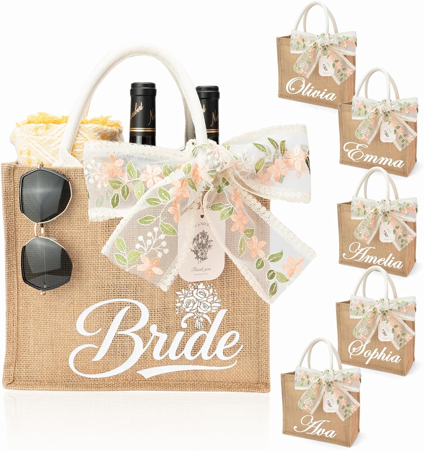 24pcs 6 set Jute Bags Set,Reusable Gift Favors Bag,Bridesmaid Bags with Big Ribbons,Burlap Bag,Jute Tote Bags with Handle