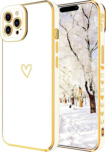 Funda compatible con iPhone 13 Pro Max para mujeres y niñas, estética, linda, de lujo, a la moda, diseño de corazón dorado, delgada de silicona, a