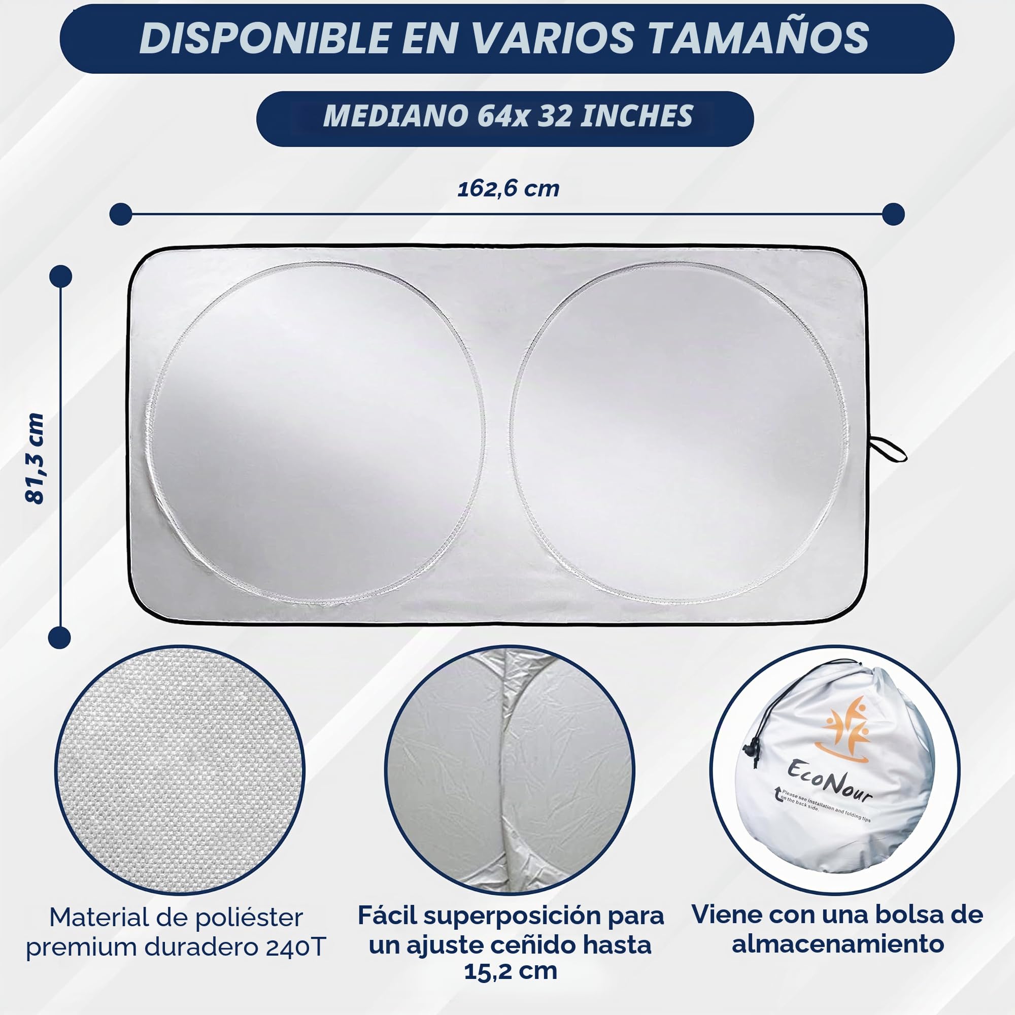 EcoNour - Parasol para Parabrisas con diseño Patentado para Bloquear el 99% del Calor y Mantiene el Interior Fresco para Coches, SUV, camión, Talla M 162,6 x 81,3 cm