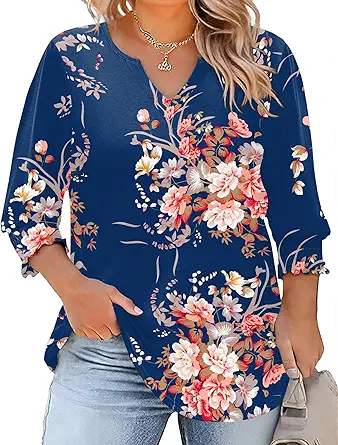 Rapbin Womens Plus Size Tops 3/4 Sleeve Blouses Shirts Casual V Neck Loose Tunic Tops 1X-5X