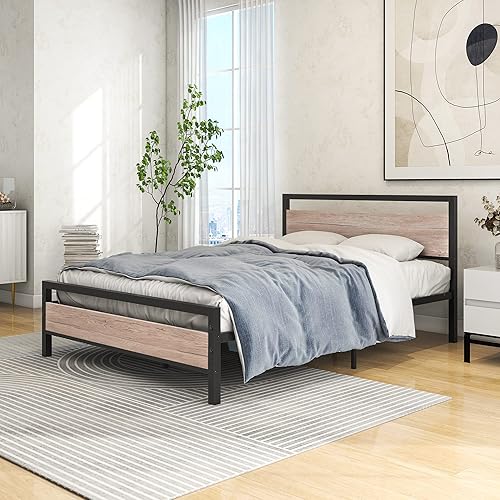 Miniatura 3 de HOJINLINERO Base de cama de metal tamaño matrimonial con cabecero y estribo de madera vintage de acero reforzado, plataforma de tubo cuadrado de