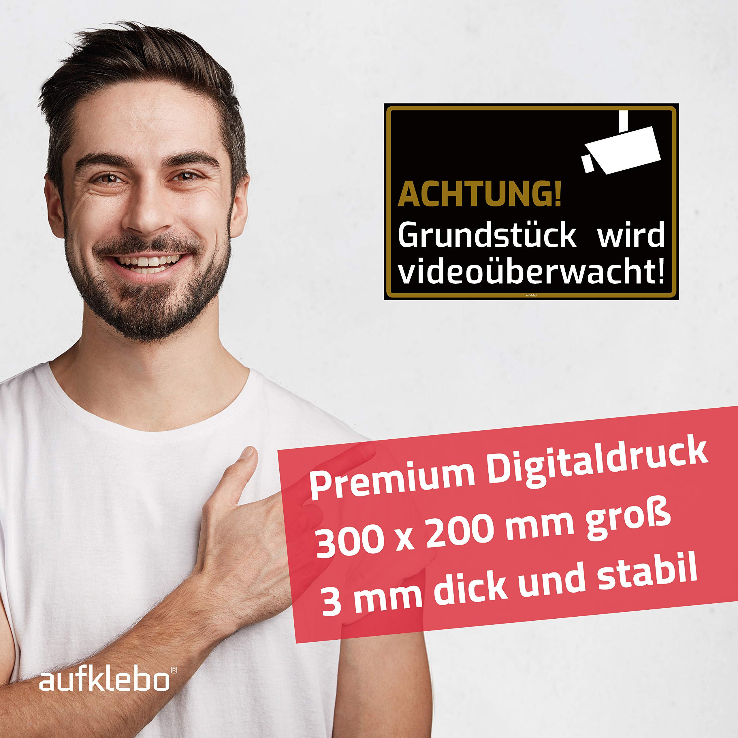 Videoüberwachung Schild „Achtung Grundstück Wird Videoüberwacht“ – Alu-Verbund, 30x20 Cm, Hellblau, Mit Bohrungen