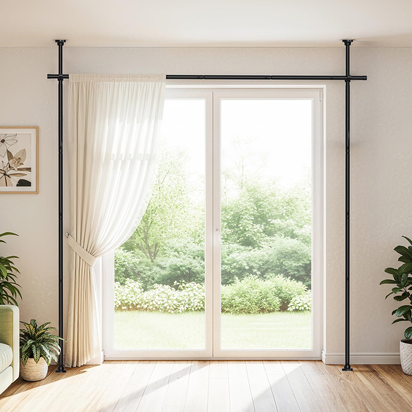 Tringle Rideau Sans Percage ，155-350 cm (H) × 110-297 cm (L) ，Noir Cloison Amovible Sans Percage，Tringle à Rideaux Flexible Et RéGlable ，Pour Chambre à Coucher ，Bureau SéParateur De PièCes