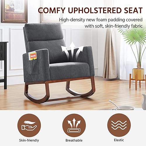 Miniatura 15 de Yaheetech Boucle - Silla de sala de estar, moderna silla mecedora tapizada, silla de guardería con bolsillo lateral y sillón de respaldo alto para