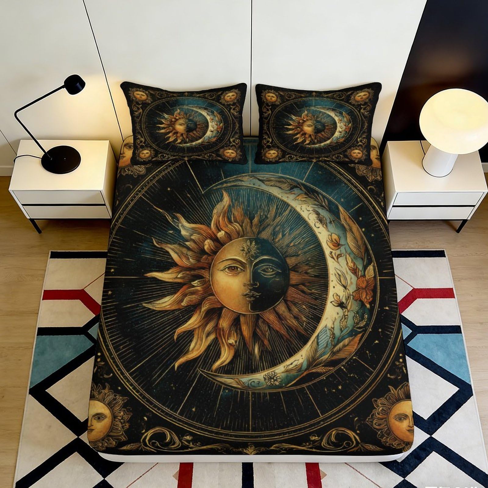 3D Printed Sun Moon Fitted Sheet Microfiber Soft Breathable Celestial Art Mattress Cover for Bedroom Dorm Decor 90x200x25cm