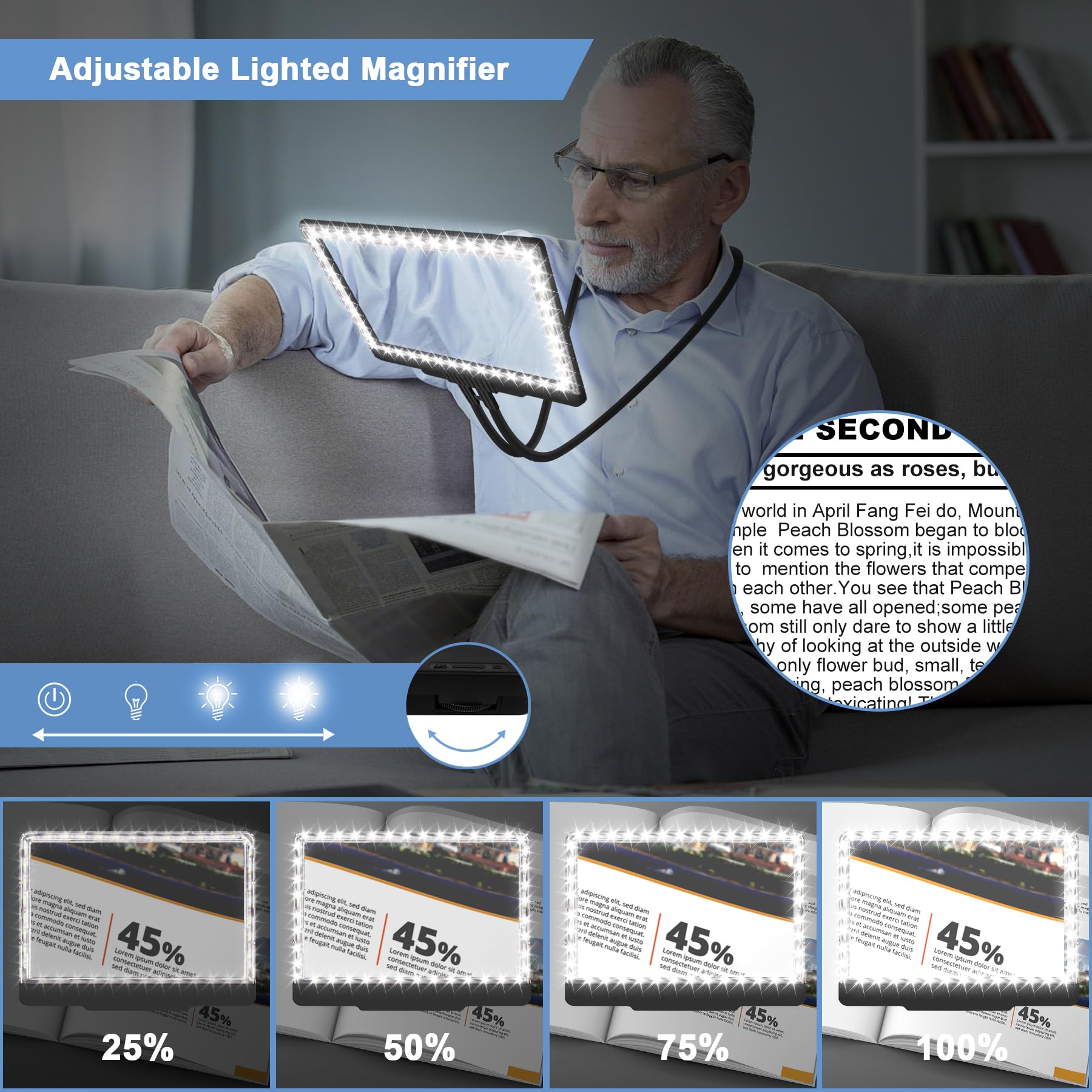 Loupe rechargeable 5x avec sangle de cou, 43 lumières LED intégrées pour agrandir la loupe pleine page, avec un col de cygne flexible et mesurant 23,6 x 17,8 cm, convient aux personnes âgées