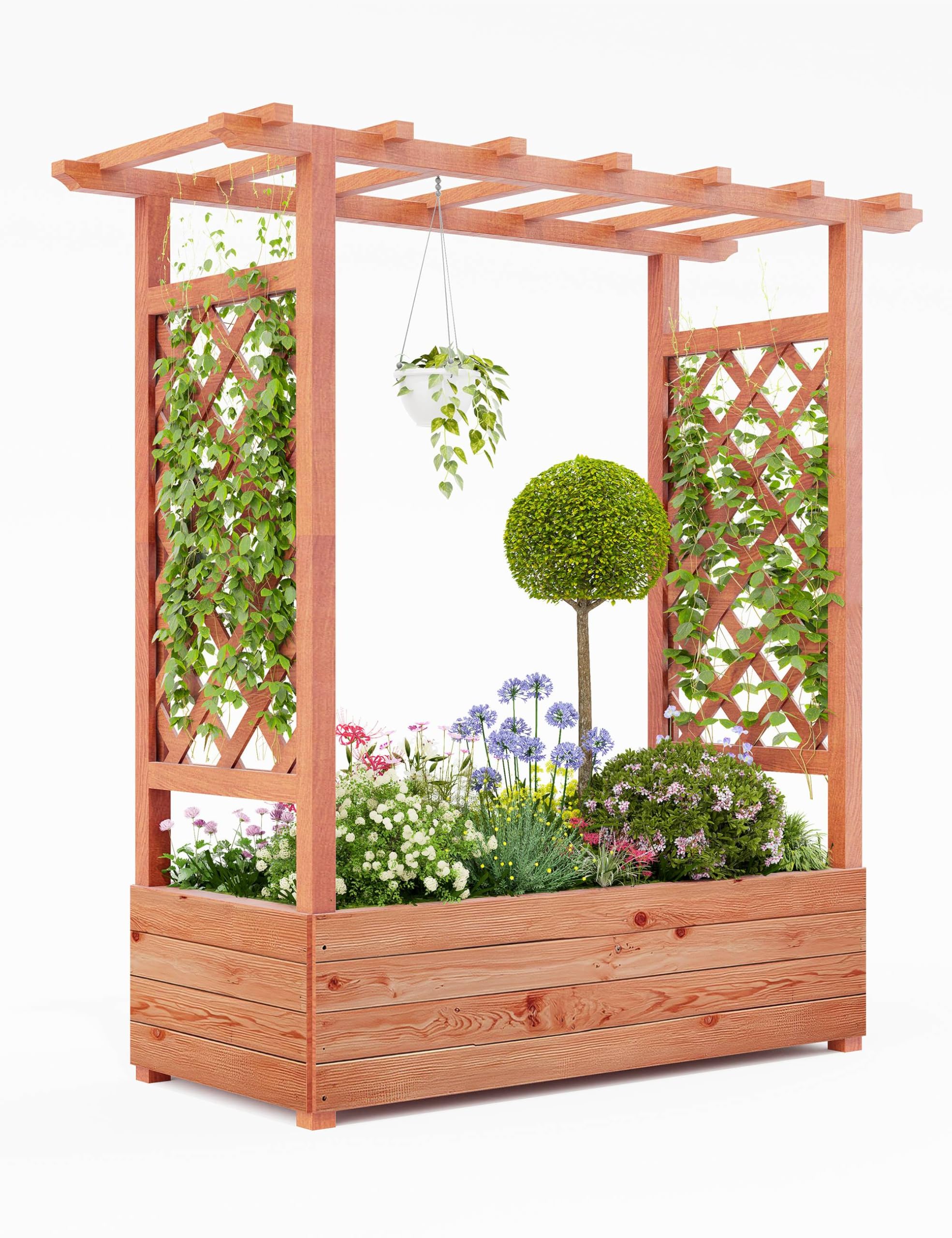 Elevated Garden Bed with Arch Trellis & Hanging Roof for Vine Climbing Plants, Wood Planter Box with Hanging Roof, Side Trellis, 4 Drainage Holes,
