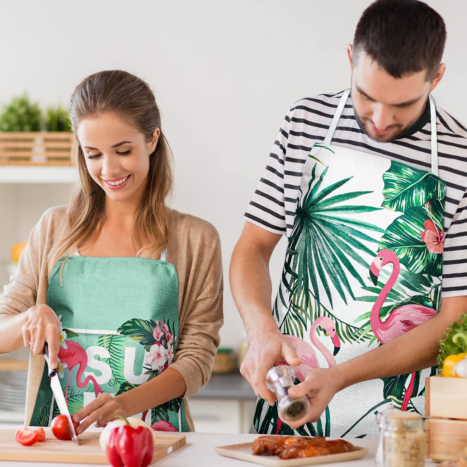 Whaline 2 Pack Summer Tropical Aprons Flamingo Palm Leaves Linen Chef Cooking Aprons Green Pink Adjustable Washable Apron Hawaii Collection Kitchen for Summer Dinner Baking BBQ Grilling Supplies image 4