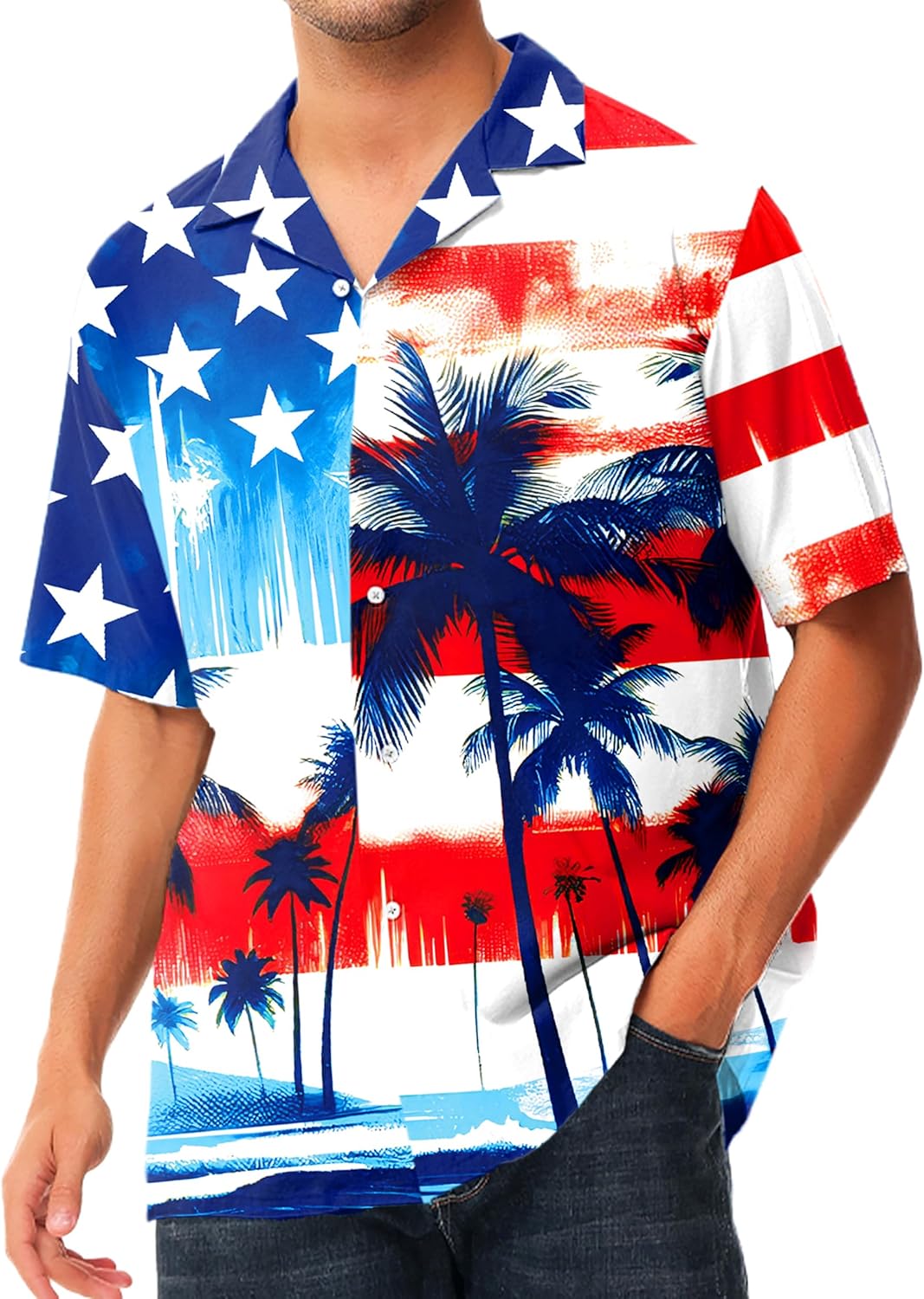 AOBUTE Men July 4th Button Shirts American Flag Hawaiian Shirt Star Stripe Holiday Top