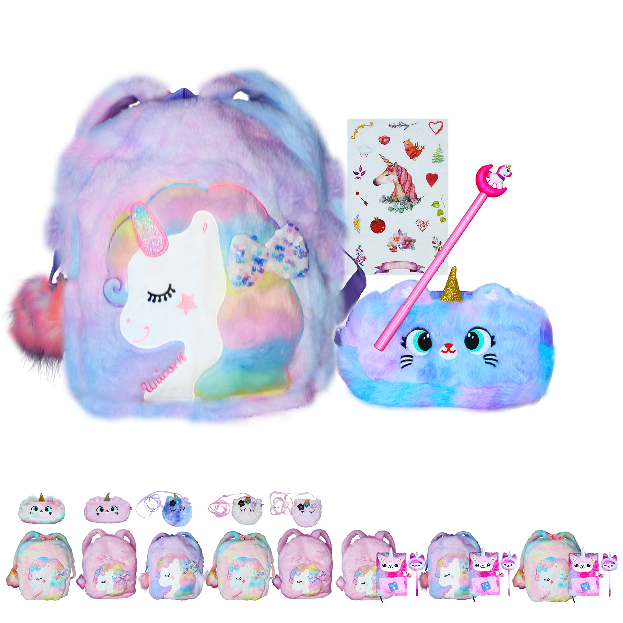 PEAKY KIDSFluffy Unicorn Backpack 3D Rainbow Color Cute Plush Bag with Fuzzy Notebook & Pom-Pom Pen and Stickers Soft Toy Stylish School Supplies