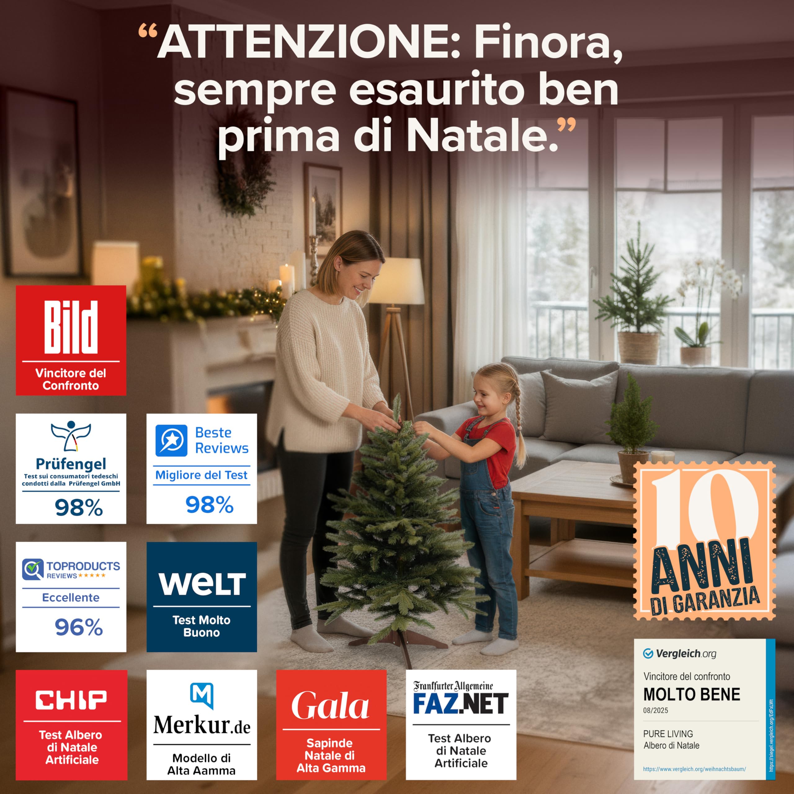Albero di Natale Artificiale Premium 90cm – Realistico, Rami Fitti, con Base in Legno e Borsa per Riporre – Albero di Natale di Pure Living