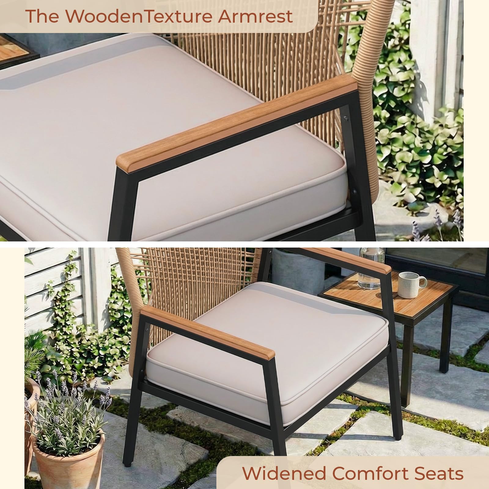 LIFERUN Gartenstuhl Rattan 2er Set, Terrassenstühle, witterungsbeständig, Balkonstühle Metall und PE Rattan, mit 8 cm Sitzkissen, Max 160 kg, WPC Armrest, für Terrasse Garten Balkon, Beige, 2 PCS