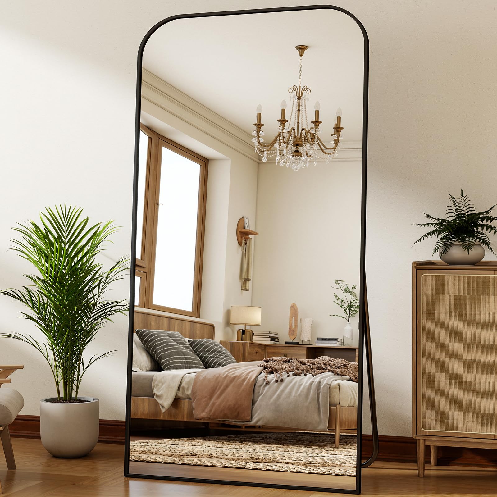 Photo 1 of XRAMFY 40x86 Inch Floor Length Mirror with Stand, Full Length Standing Mirror for Bedroom, Full Body Tall Mirrors with Modern Aluminum Alloy Frame in Black, Home Decor