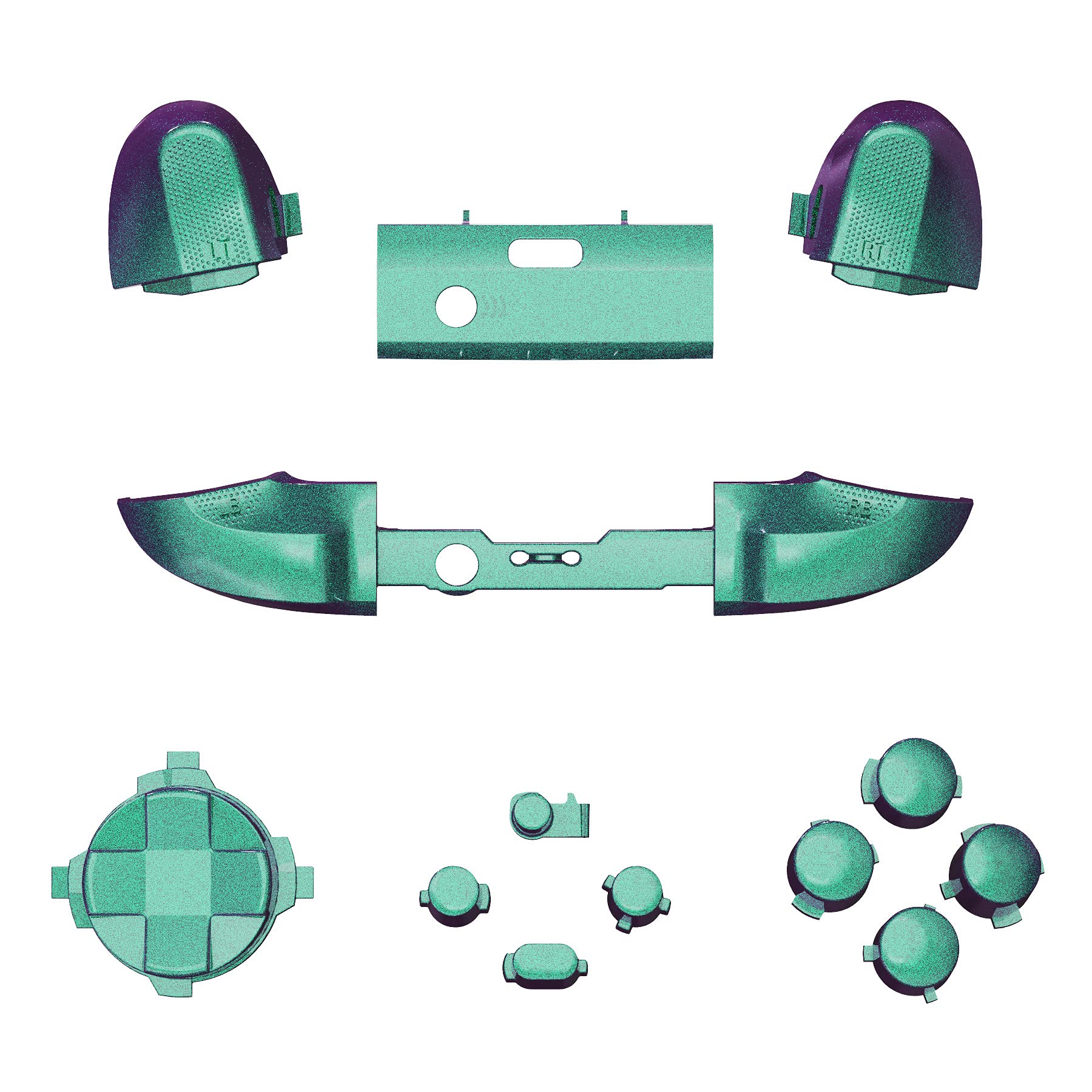 eXtremeRate Botones sin Letras para Xbox Series X/S Mando - Kit Completo de Bumpers, Gatillos, Botón de D-Pad, ABXY - Teclas Repuestos para Xbox Core Controller (Violeta a Verde)