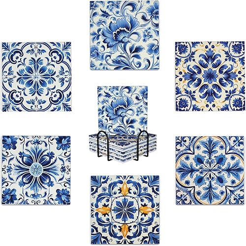 Miniatura 11 de Juego de 6 posavasos bohemios para bebidas, piedra absorbente con soporte, posavasos de cerámica con flor de mandala para protección de mesa, Flor