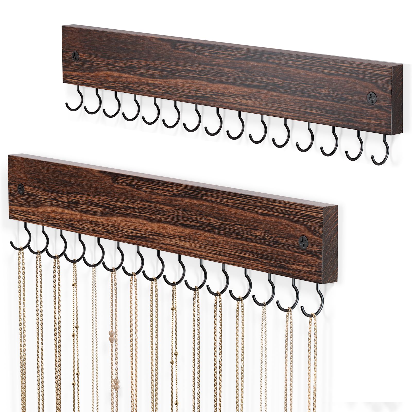 Lolalet Wooden Necklace Holder for Wall with 15 Hooks, Necklaces Hanger Easy Install Wall Mount Necklace Organizer, Jewelry Hangers for Chains,