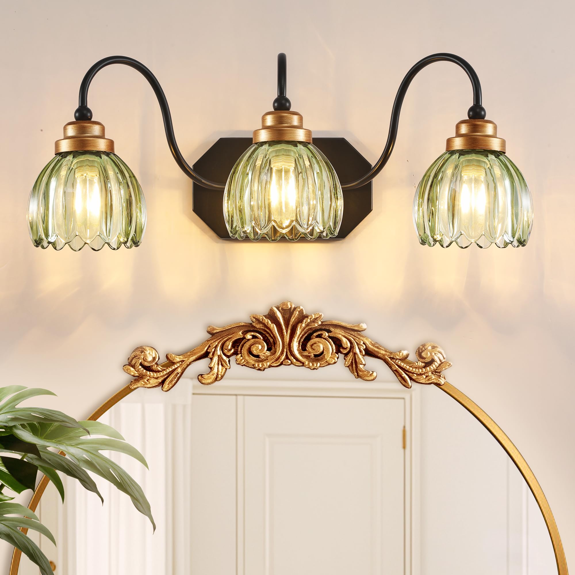 Vintage Bathroom Vanity Light, Bathroom Lighting Fixtures Over Mirror, Mid Century Style Farmhouse Light Fixtures with Green Glass Shades, Black Finish Wall Mount for Bedroom (Green, 3-Light)