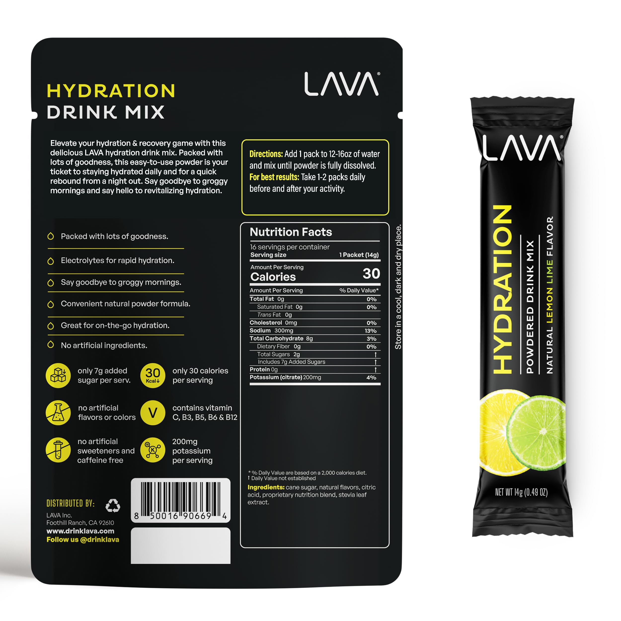 LAVA Recovery | Electrolyte Powder Drink Mix | Lemon Lime Hydration Powder Packets | Low Sugar, Gluten Free, Non-GMO | 16 Sticks
