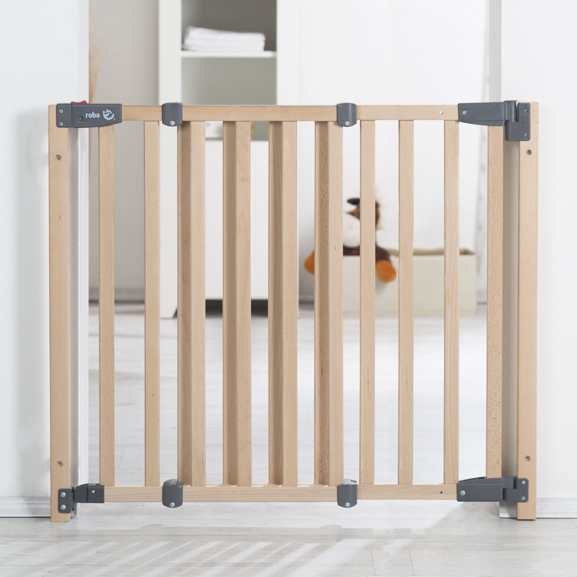 roba Zabezpieczenie drzwiowe Safety Up - Regulowana szerokość 70-118,5 cm - Zabezpieczenie drzwiowe z funkcją sygnalizacji świetlnej do drzwi/schodów - Lite drewno bukowe