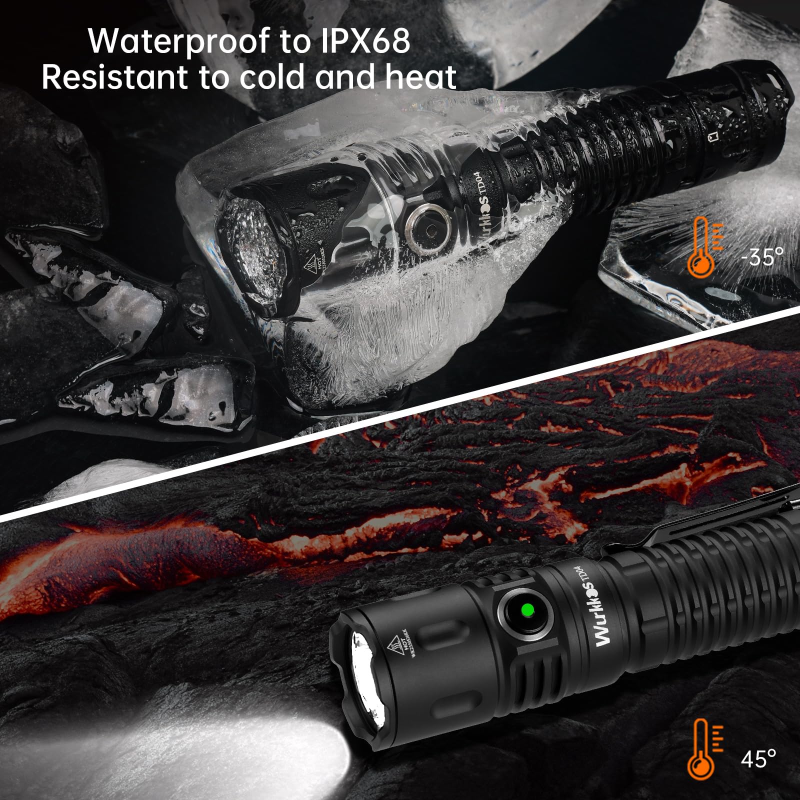 Wurkkos TD04 Torcia tattica a led ricaricabile da 5000mAh, 3000 lumen, torcia a led con interruttore tattico nero, IPX8,torcia led potente professionale torcia led ricaricabile potente