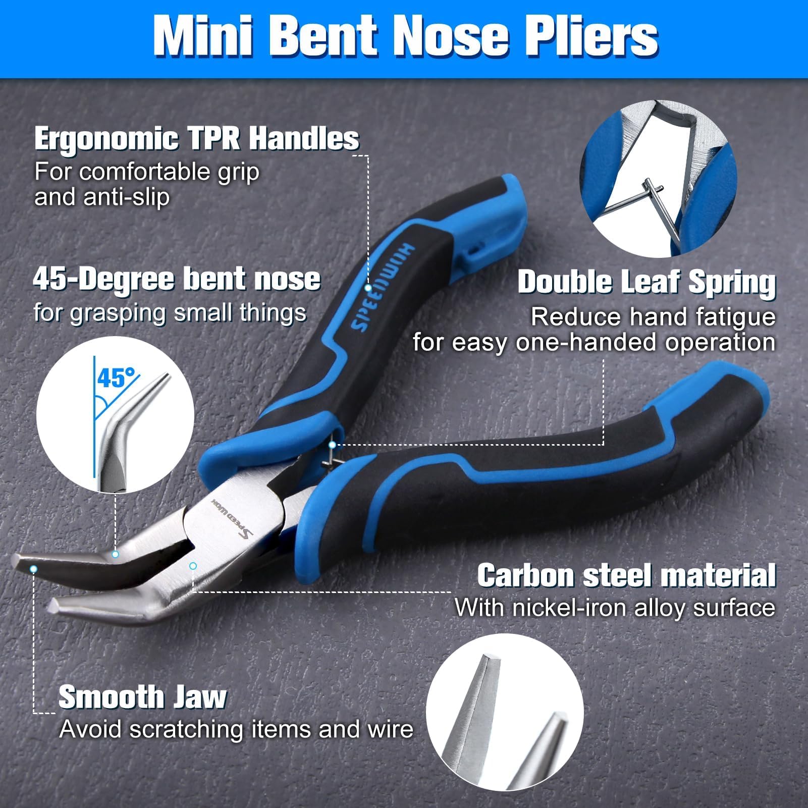 SPEEDWOX 5-Inch Bent Chain-Nose Pliers Mini 45-Degree Bent Nose Pliers for Jewelry Making PVC Grip Handle with Double Leaf Springs Curved Nose Plier for Jewelry Make Repairing Jewelry Making Tool - Image 4