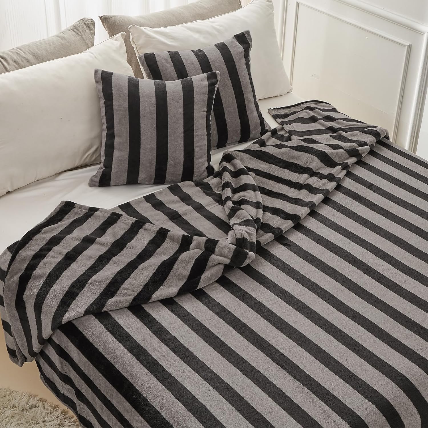 FY FIBER HOUSE Striped Flannel Twin Blanket - Soft Cozy Striped Blanket for Couch, Sofa, or Bed - 60"x80", Black Grey, All Season Use