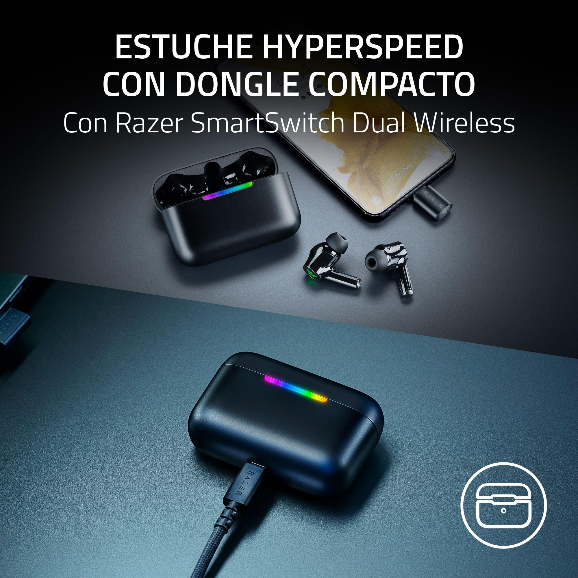Razer Hammerhead V3 HyperSpeed - Auriculares inalámbricos Gaming multiplataforma - ANC cancelación Activa de Ruido - HyperSpeed Wireless y Bluetooth - Batería 40h - Resistentes al Agua IPX4 | Negro