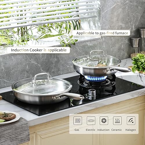 Miniatura 6 de DELARLO Juego de Sartenes de Acero Inoxidable de Tres Capas con Tapa 8" 10" 12" Sartenes Grandes de Inducción Sartén de Chef, Juego de Ollas y