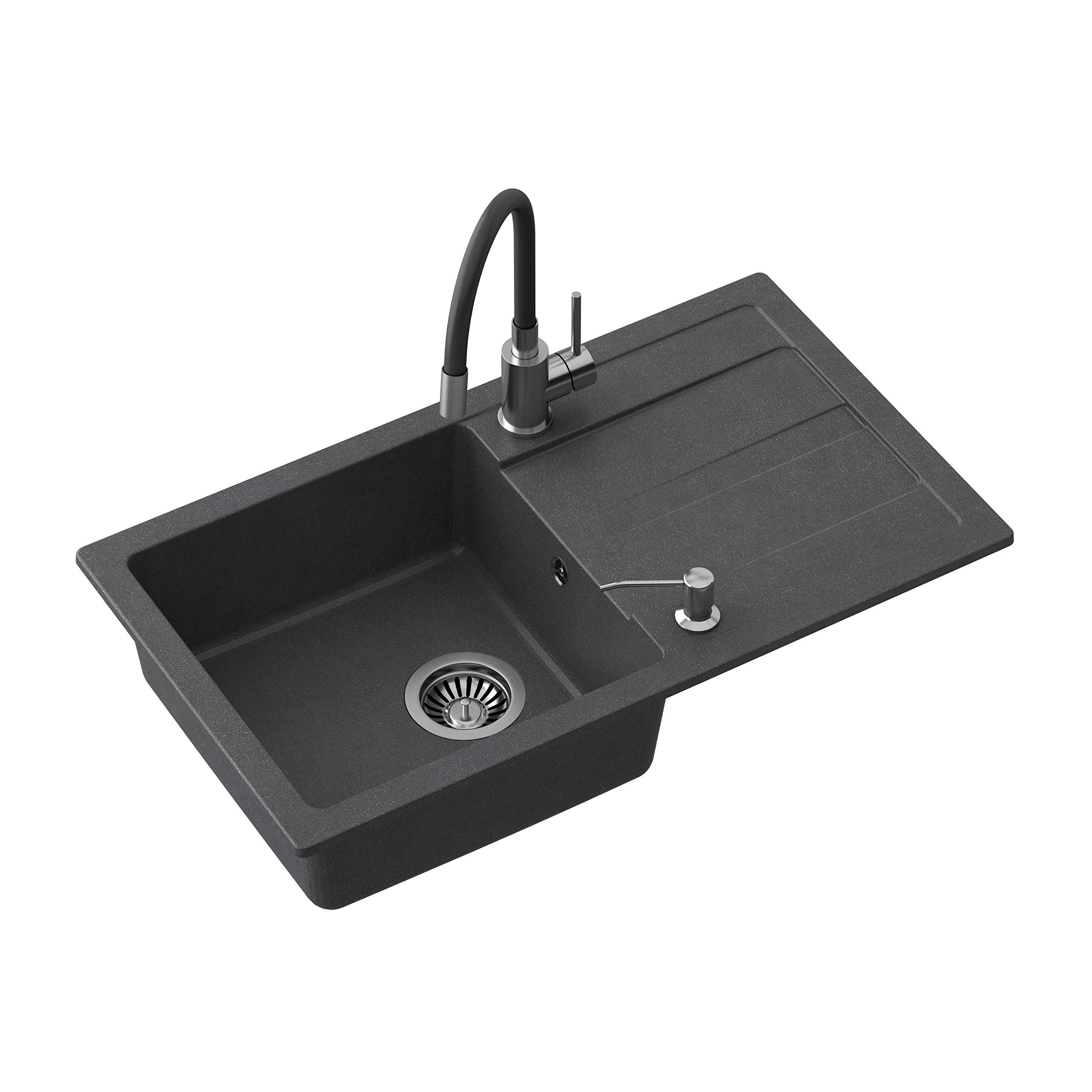 VBChome Spülbecken mit Armatur 77 x 44 cm Schwarz Einzelbecken Einbauspüle Abtroffläche gesprenkelt reversibel Verbundspüle + Siphon Spülmittelspender Armatur