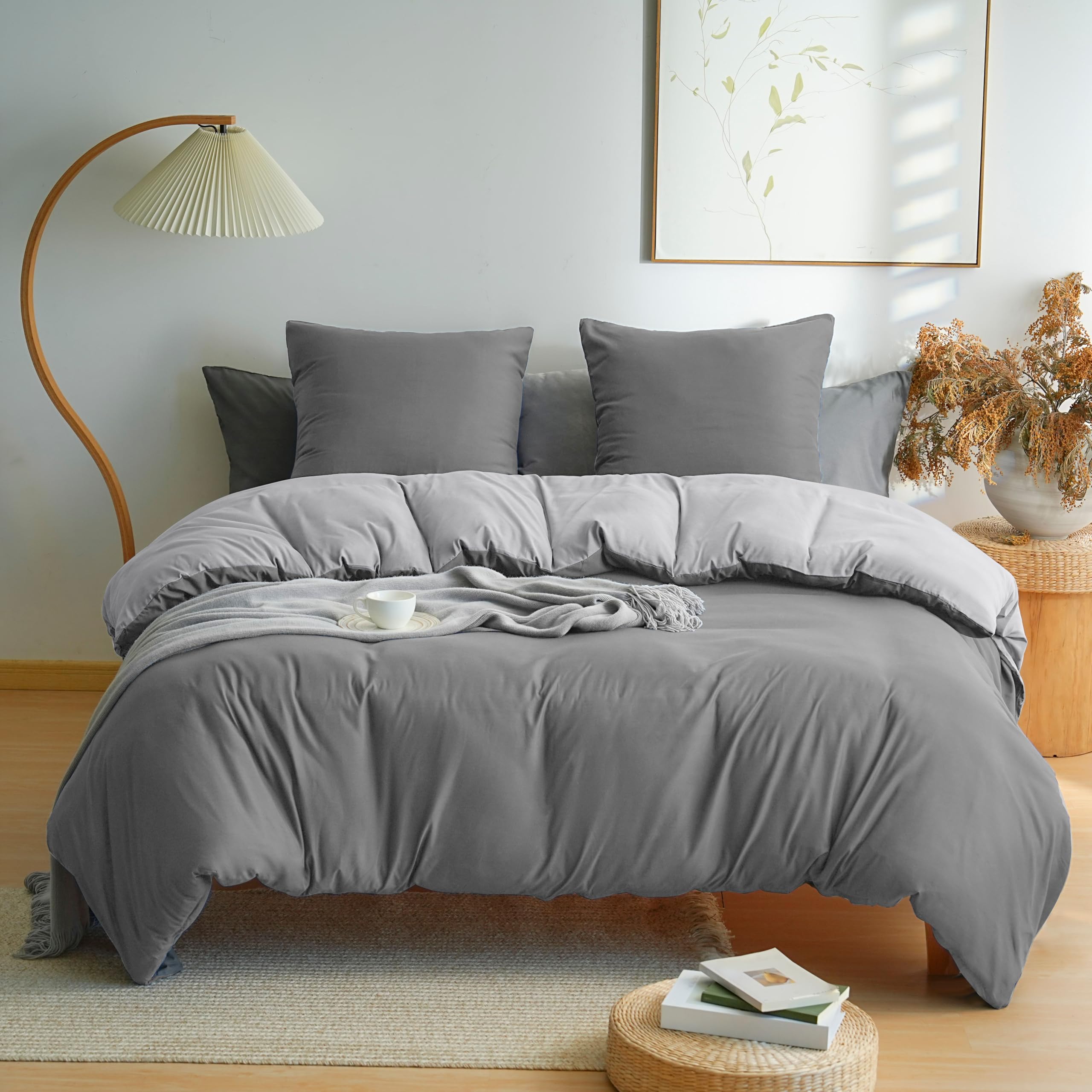 MOHAP Parure de Lit Réversible avec Fermeture éclair Microfibre 220x240 cm Gris Foncé + Gris et 2 Taies d'oreiller 65x65 cm Housse de Couette Adulte