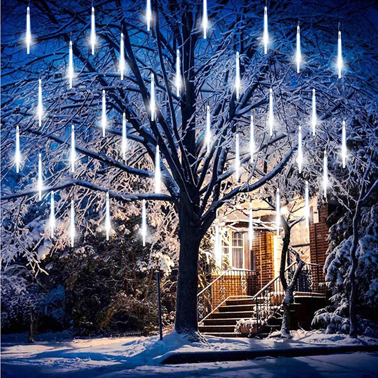AALIN Meteor Shower Lights, 30cm 8 Tube Solar Raindrop Lights Waterproof Snowfall String Lights for Christmas Parties Wedding Christmas Tree (White)