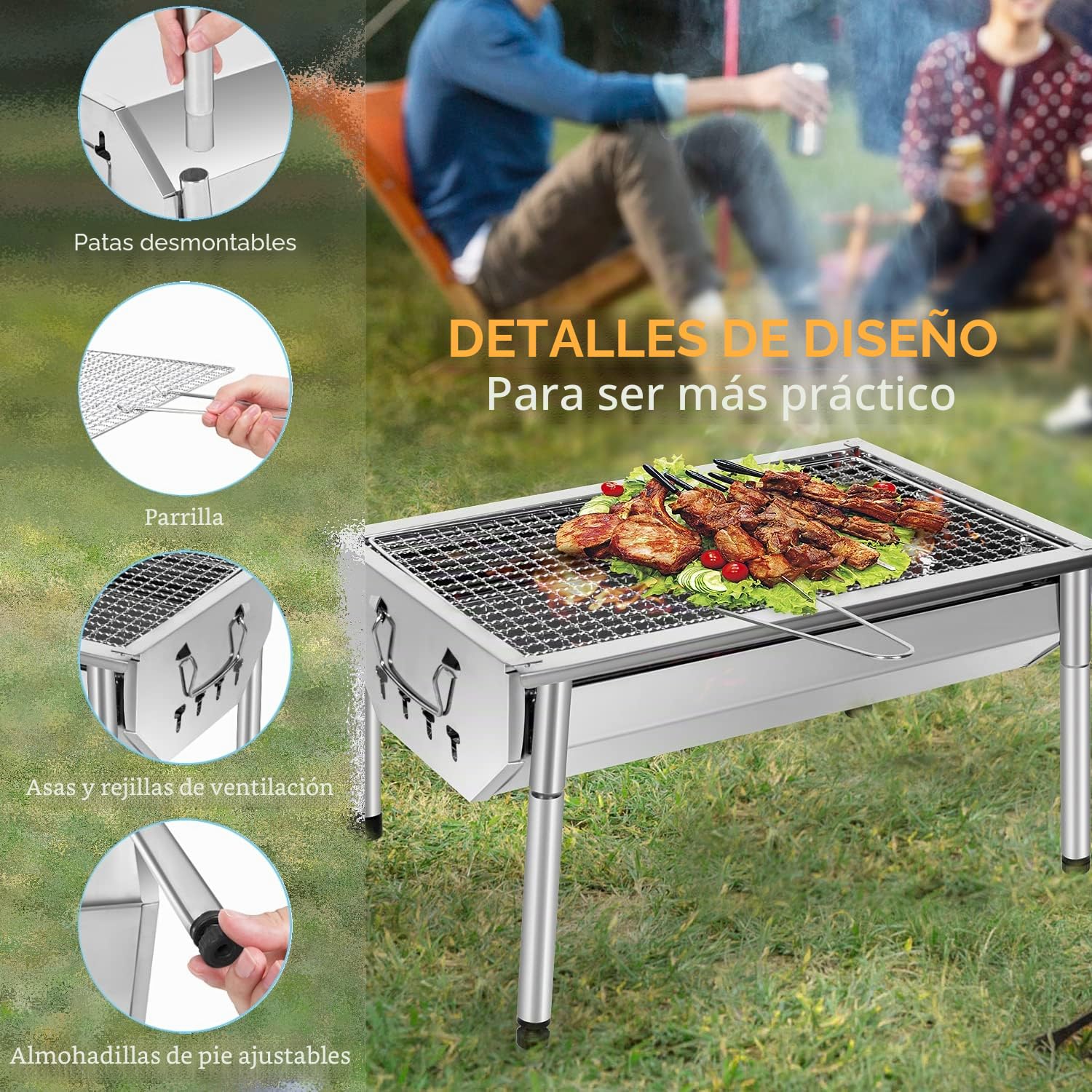 Barbacoa de carbón de madera inoxidable ajustable barbacoa desmontable de acero portátil barbacoa al aire libre parrilla de pie para jardín de picnic camping