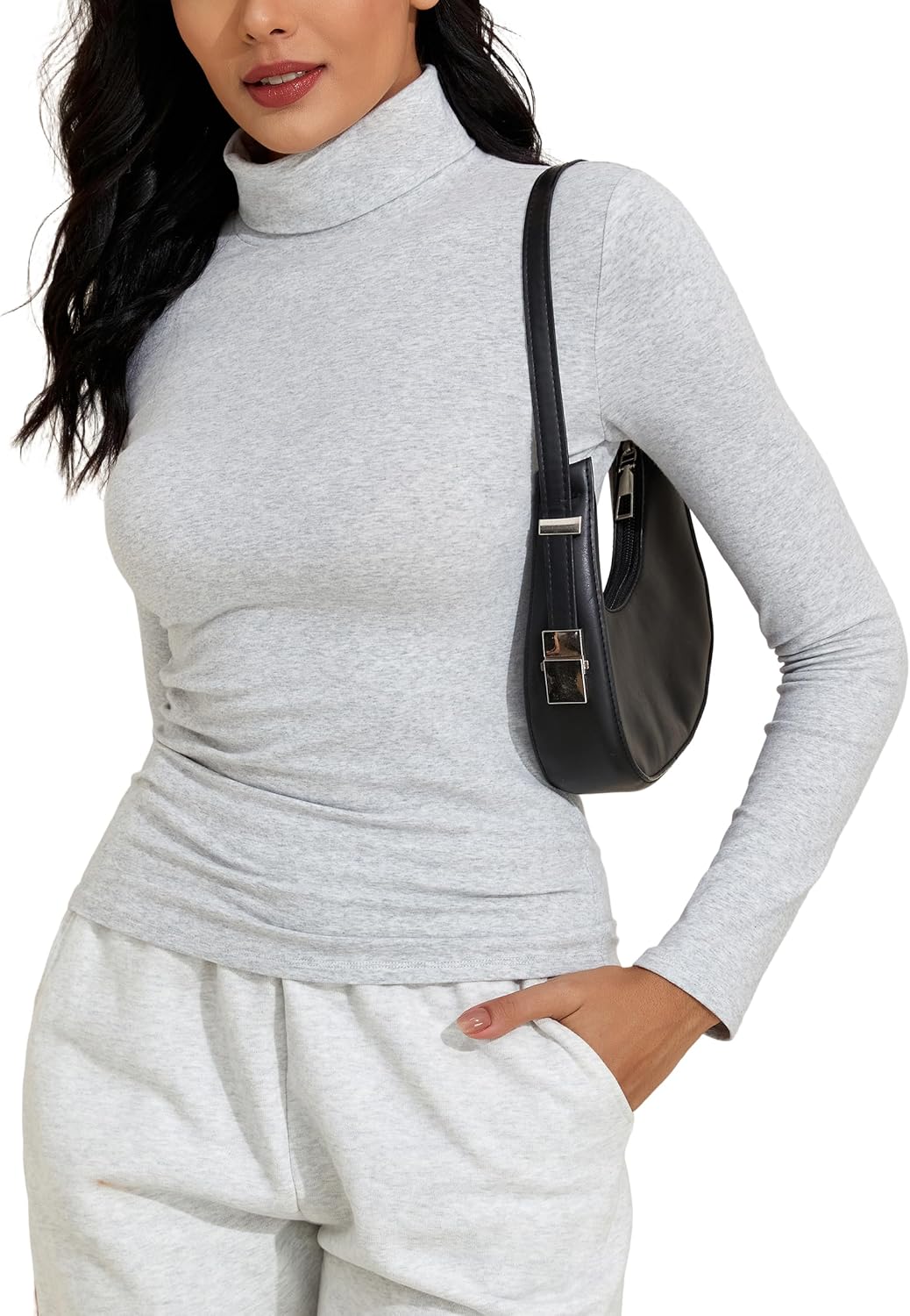 kayamiya Women's Cotton Long Sleeve Turtleneck Shirts Slim Fitted Thermal Layer T Shirts Fall Basic Tops