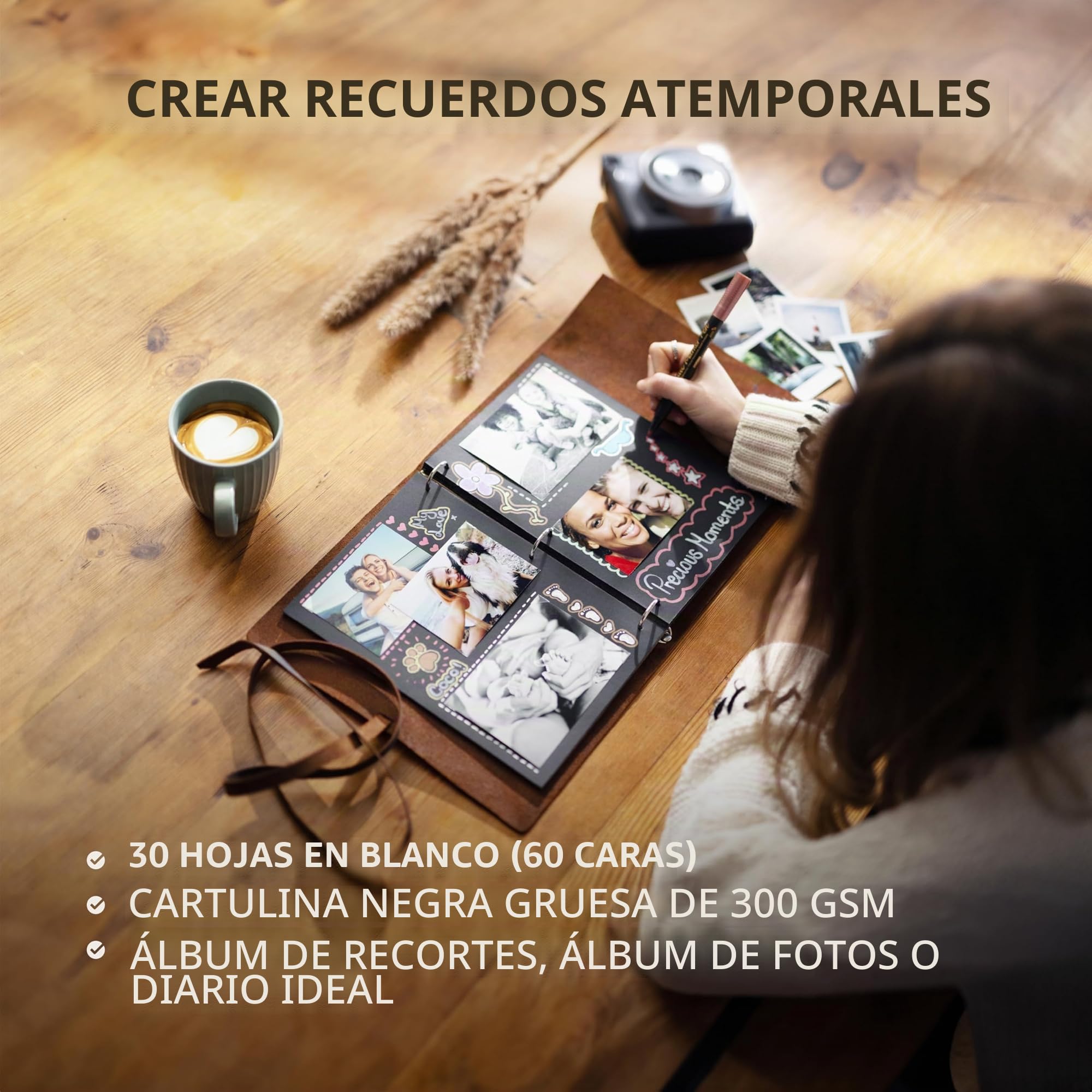 Álbum de Fotos de Cuero - Moonster® Álbum de Fotos Con Cubiertas y Correa de Cuero de Búfalo Genuino – Álbum de Fotos para Pegar y Escribir Hecho a Mano – Álbum Scrapbook Ideal para Bodas
