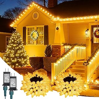 Minetom C9 Christmas Lights Outdoor, 88FT 110LED String Lights with 8 Lighting Mode, Waterproof Connectable UL Certified Warm White C9 Christmas decorations for Indoor Outdoor Patio Roofline Decor 2PC