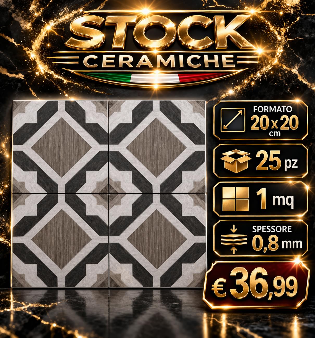 Stock Ceramiche Piastrelle in Gres Porcellanato, 20x20 cm, Grigio, Stile Classico Vintage, Pavimento e Rivestimento, 25 Pezzi