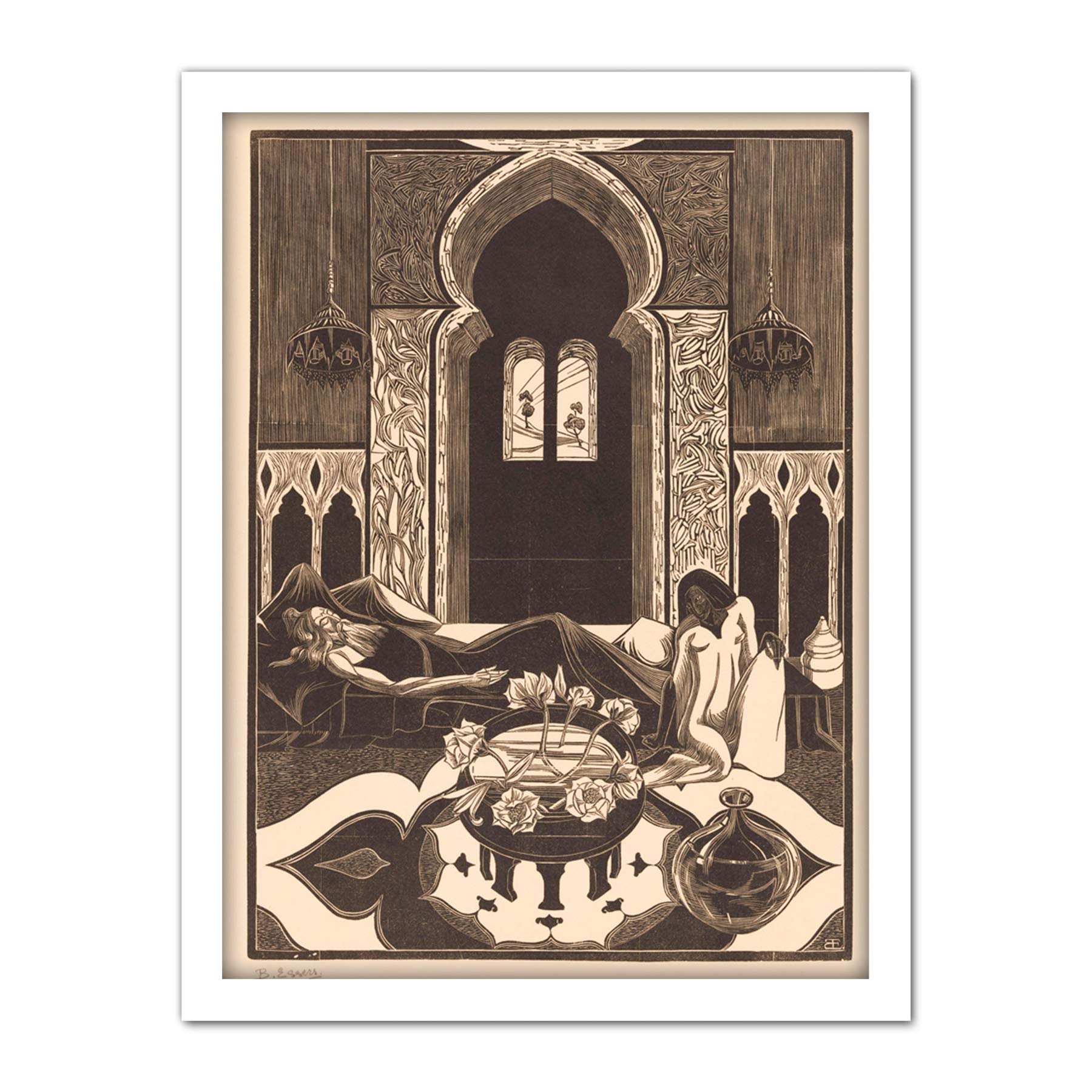 Bernard Essers Woman Waking Bedroom Illustration Artwork Framed Wall Art Print 18X24 Inch