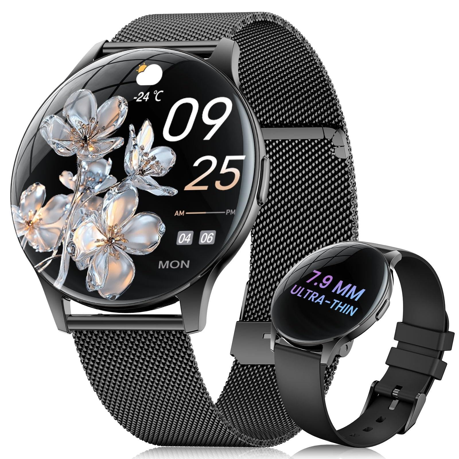 ESFOE Damen Smartwatch Ultradünn,1.43" AMOLED Smart Watch mit Bluetooth Anrufe,Uhr Damen Herren mit 120 Sportmodi Pulsuhr Schlafmonitor Schrittzähler, IP68 Fitnessuhr für iOS Android Schwarz