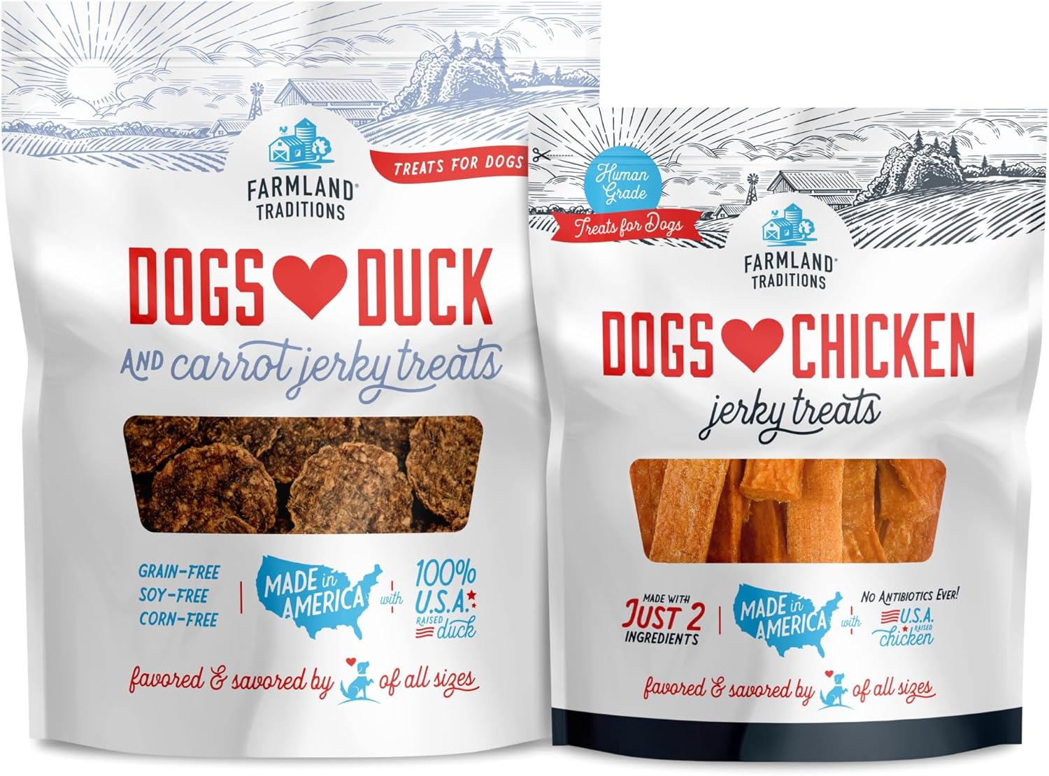 Farmland Traditions Duck & Carrot Jerky Dog Treats (2.5 lb) & Chicken Jerky Dog Treats (1 lb) Bundle, High-Protein & Limited Ingredient