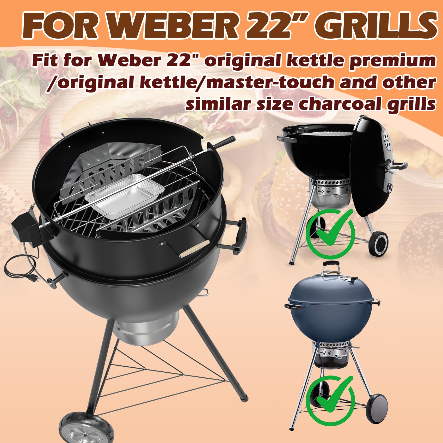 Kit de asador mejorado para parrillas Weber de carbón de 22 pulgadas, kit de parrilla para parrillas Weber y otras parrillas de tamaño similar, con asas, cestas de carbón, 10 bandejas de goteo 2