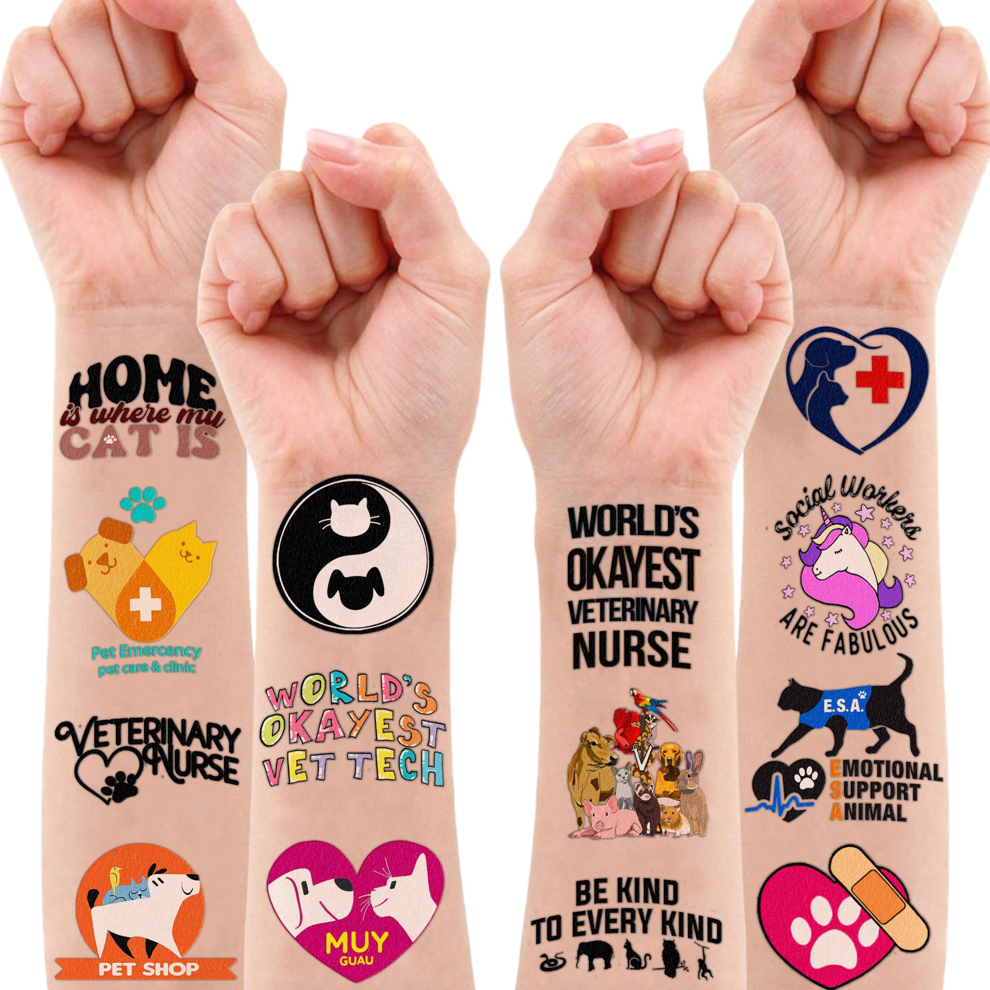96 PCS Funny Veterinary Vet Medicine Technician Vet Med Temporary Tattoos Birthday Theme Party Supplies Decorations Favors Decor Cute Pet Cat Dog Tattoo Stickers Gifts for Kids Boys Girls Class Prizes