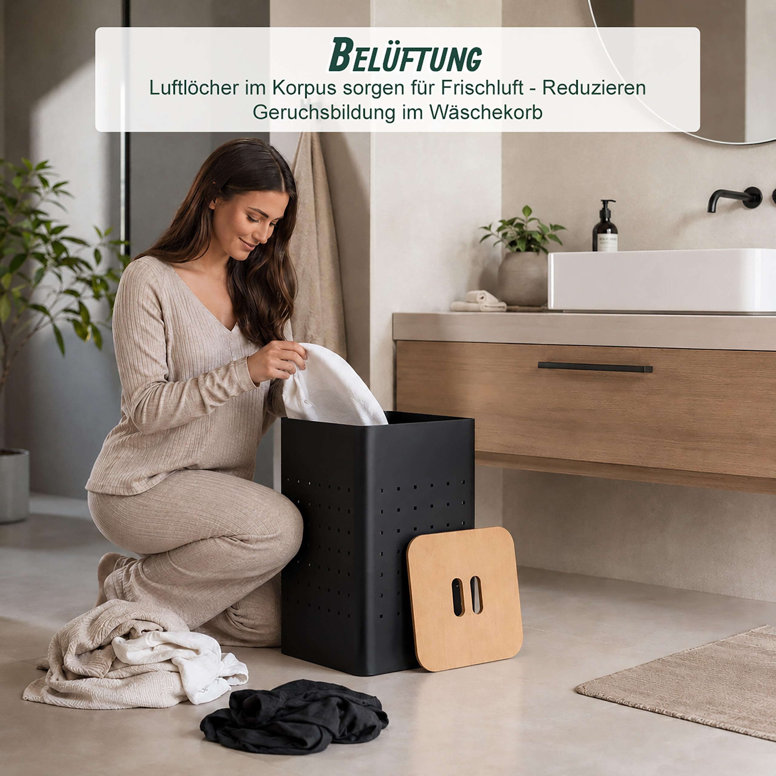 Relaxdays, Wäschekorb mit Deckel, Metall, 55 l, schwarz/natur