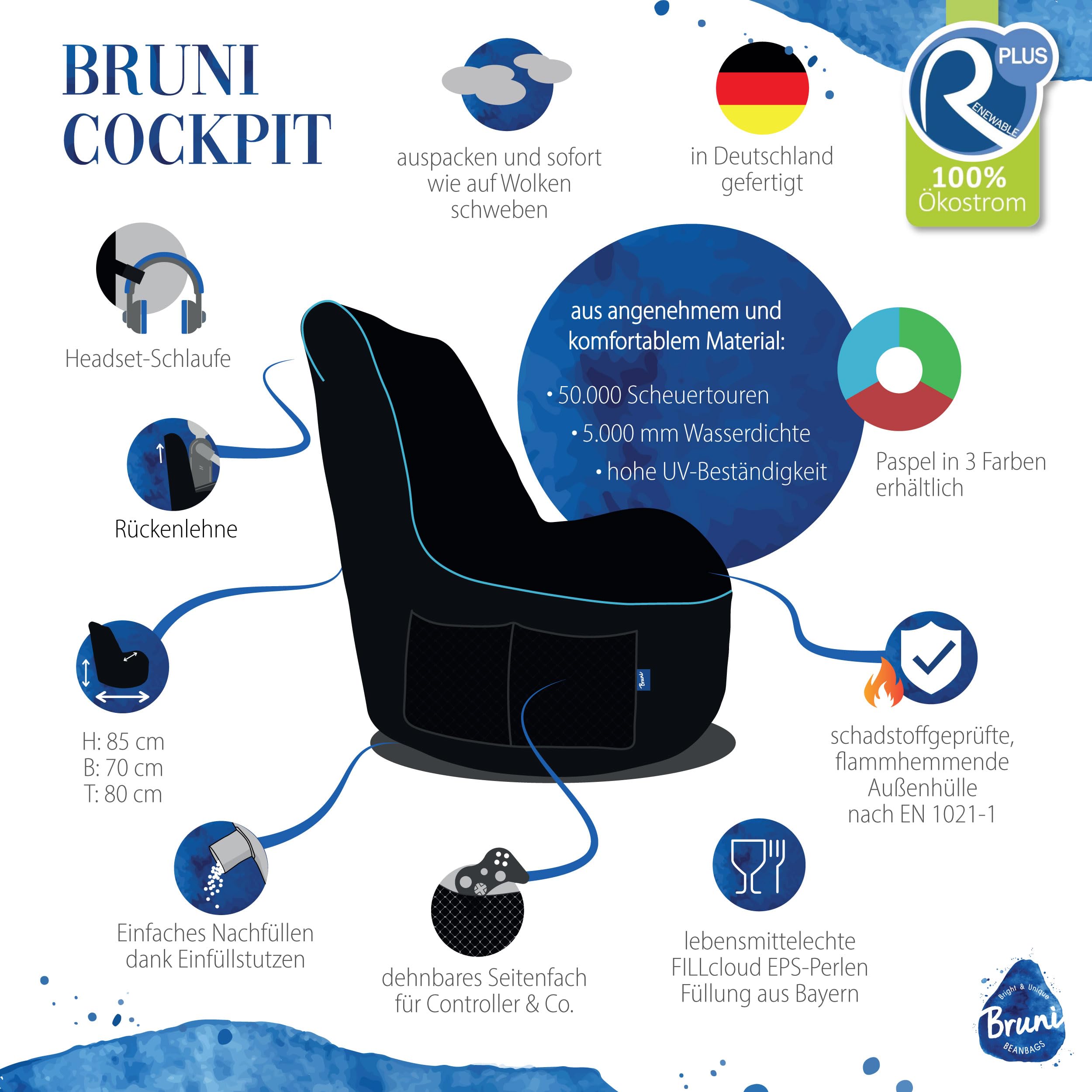 Bruni Cockpit – schwarzer Gaming-Sitzsack zum Zocken mit Lehne und Fach, Indoor und Outdoor geeignet, in Deutschland gefertigt (Schwarz/Blau)